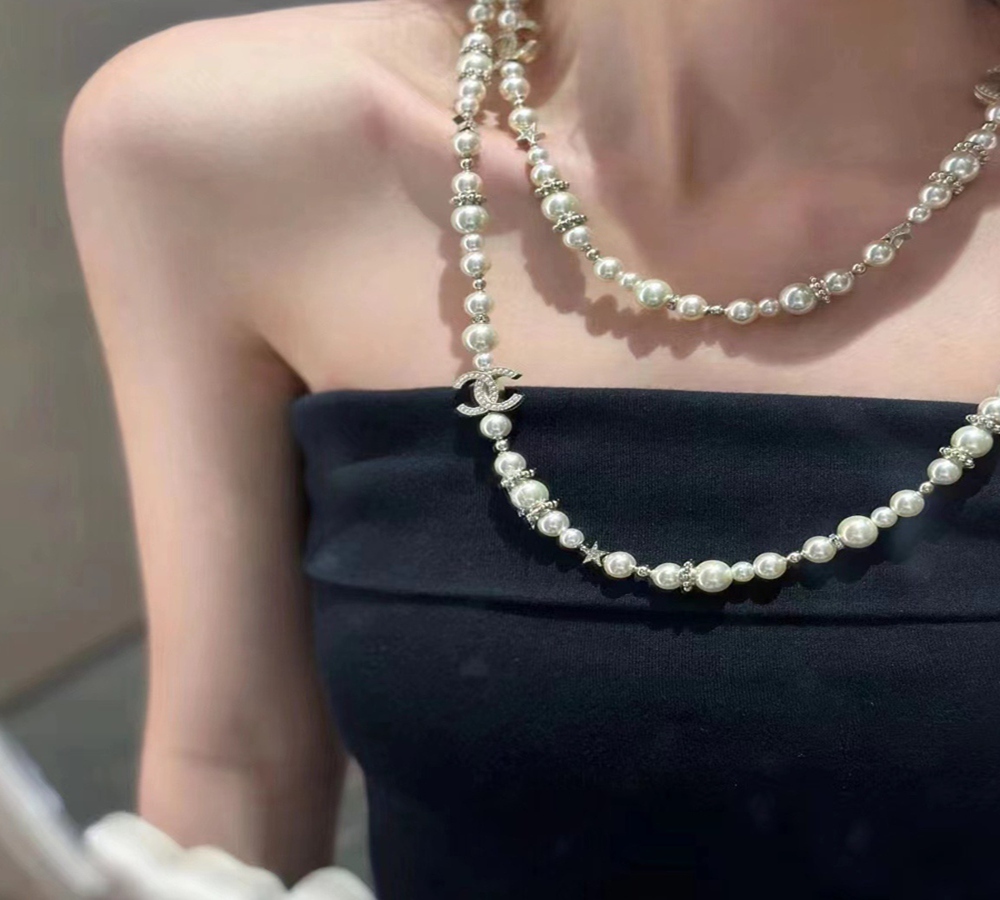 CHANEL Double Layer Pearl Long Necklace with CC Logo - Picture 1 of 9
